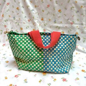 Clare V. Petit Bateau Tote in blue and green checker